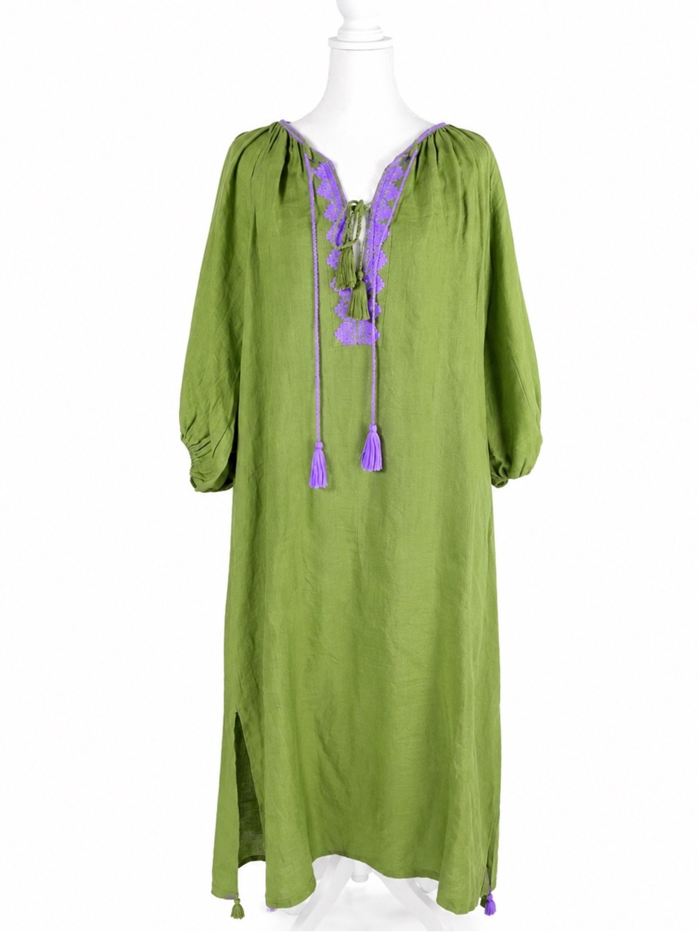 Green Maxi Dress with Purple Embroidery
